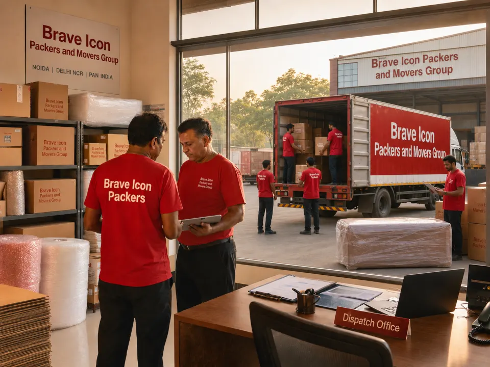 An early-morning scene at a Brave Icon Packers and Movers Group operations hub in Noida.
