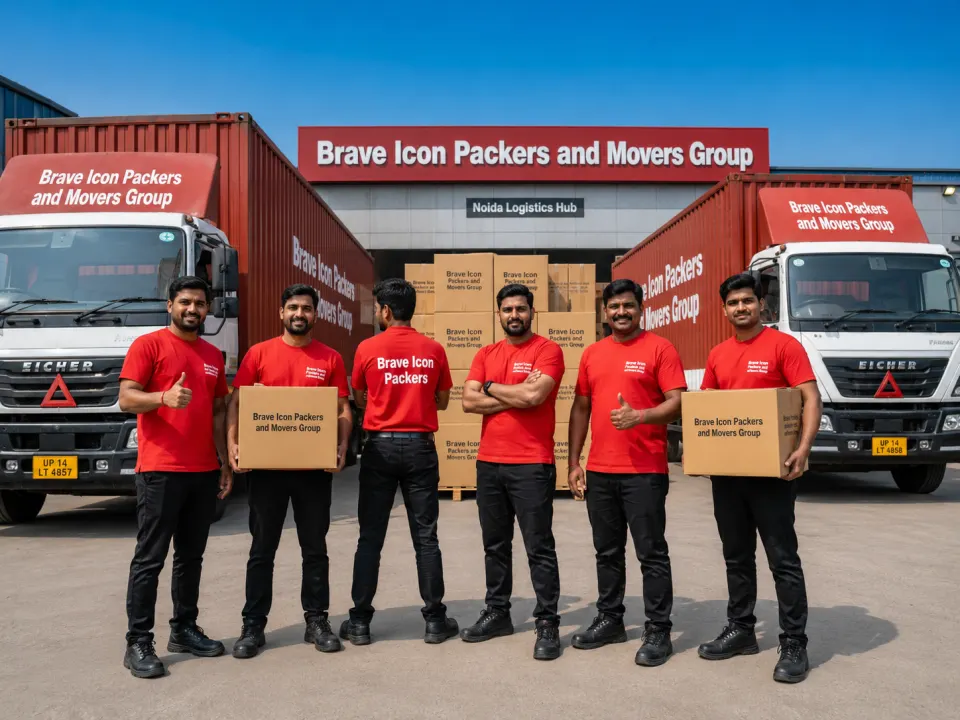 A professional team of 6 Indian movers and supervisors from Brave Icon Packers and Movers Group stand proudly in front of two red and white Indian-style container trucks with 'Brav…