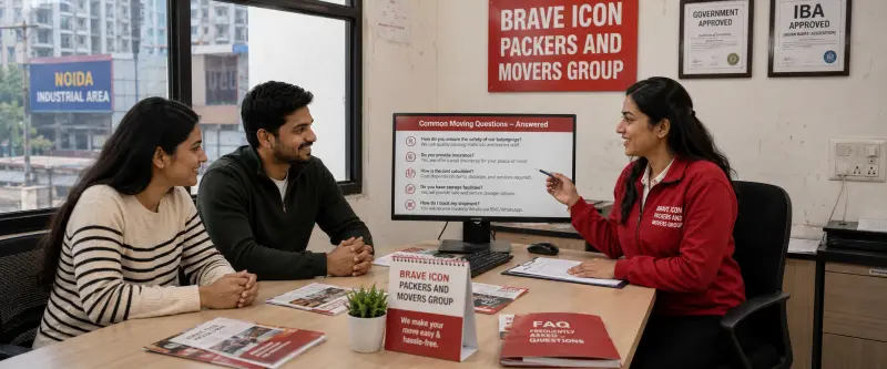 A friendly customer consultation scene inside a bright Brave Icon Packers and Movers Group office in Noida.