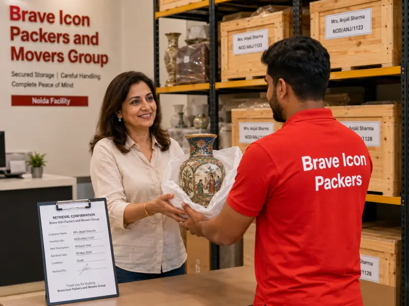 A pleasant warehouse retrieval scene inside a clean, well-lit Brave Icon Packers and Movers Group storage facility in Noida.