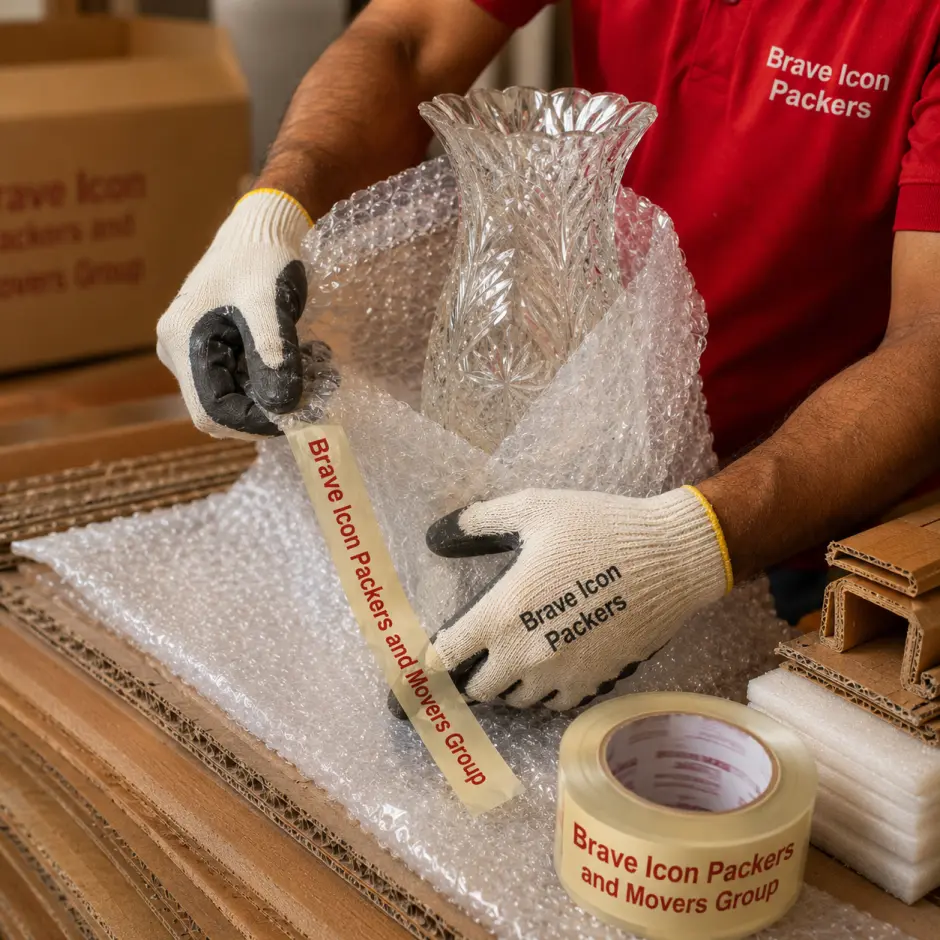 An extreme close-up detail shot of a mover's hands in work gloves carefully wrapping a delicate crystal vase with thick bubble wrap.