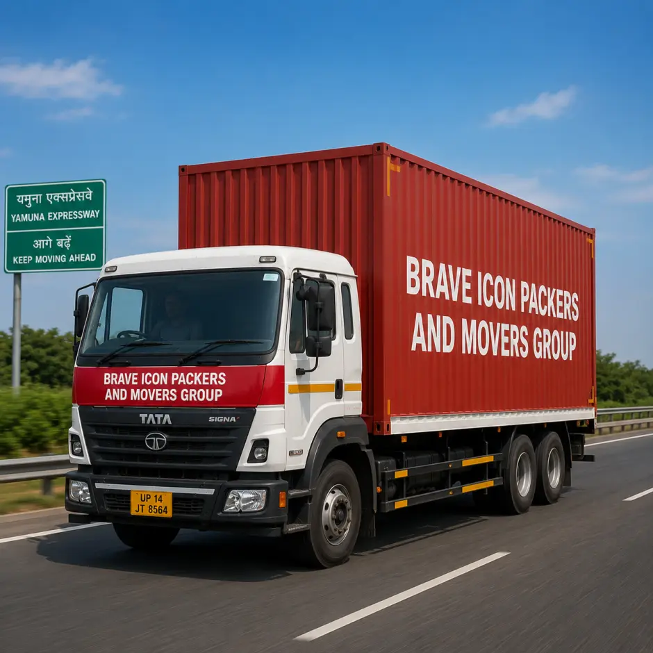 A Brave Icon Packers and Movers Group multi-vehicle carrier truck traveling on the Yamuna Expressway.