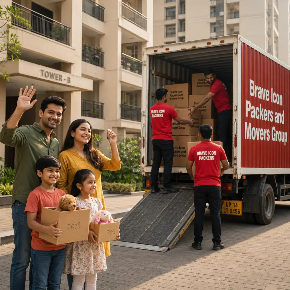 A happy Indian family — father, mother, and two children — standing in front of their old Noida apartment building, waving goodbye as movers in red T-shirts with small pocket-a…