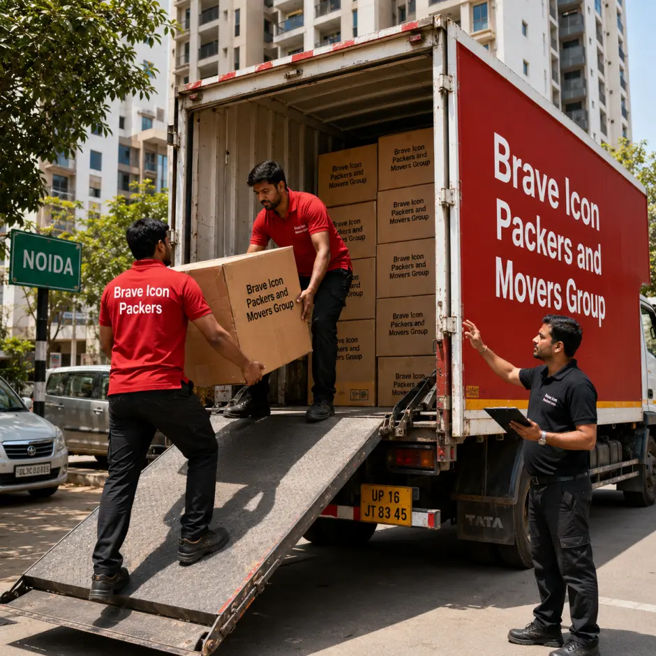 A dynamic action shot of two Indian movers in red T-shirts with small pocket-area branding on front and 'Brave Icon Packers' in bold white text printed prominently on the back, bla…