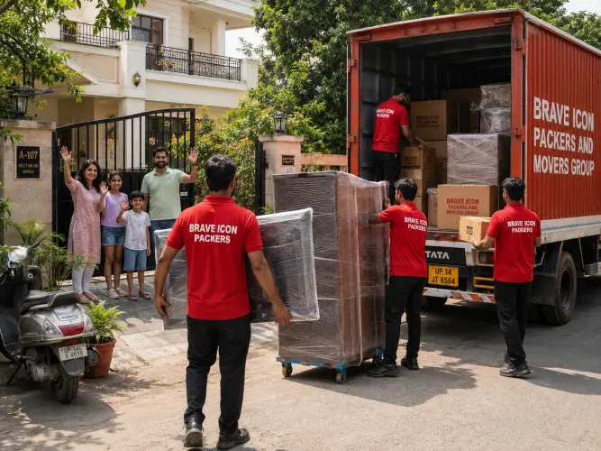 A complete family household relocation in front of a charming two-story Noida bungalow in a leafy residential lane.
