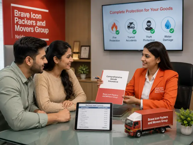 A reassuring goods insurance consultation in a modern Brave Icon Packers and Movers Group customer service center in Noida.