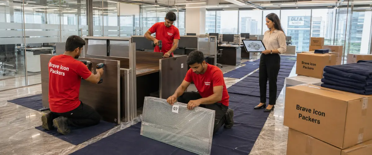 A professional modular furniture disassembly scene inside a large open-plan Noida office with glass partitions and city views.