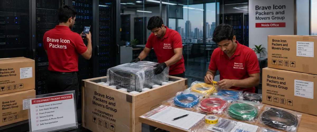 A meticulous IT equipment packing process inside a modern Noida corporate office server room.