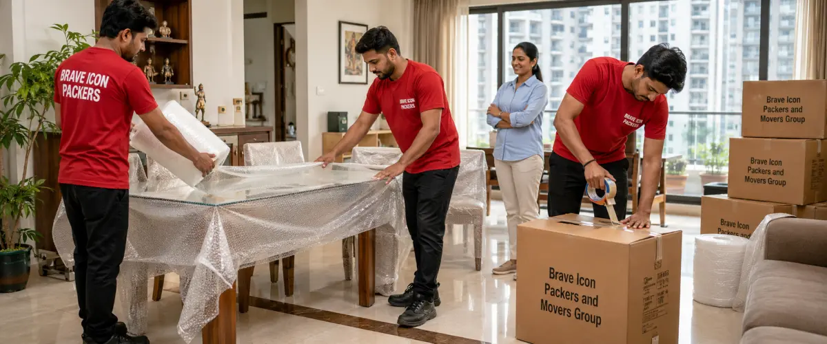 A bright household packing scene inside a spacious Noida apartment living room.