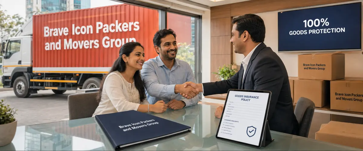 A trust-themed scene in a modern Noida office. A professional Indian insurance coordinator shakes hands with a satisfied customer couple across a glass desk.