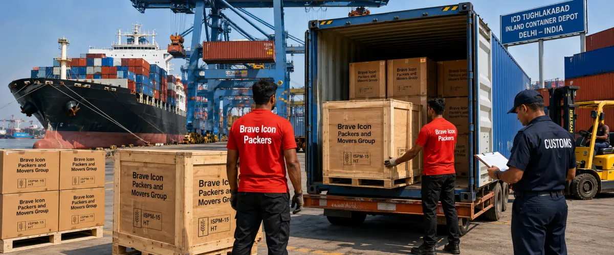 A dynamic international shipping scene at an Indian cargo terminal near Delhi.