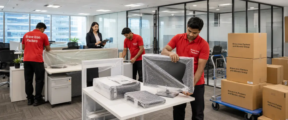A professional corporate office relocation inside a modern Noida commercial building with glass walls and city views.