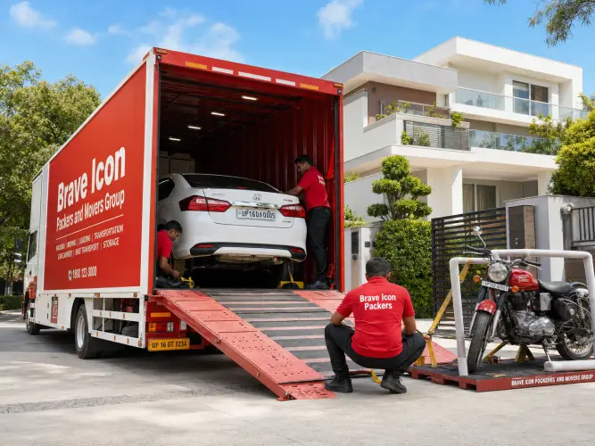 A premium enclosed vehicle carrier trailer parked in a clean Noida residential driveway.