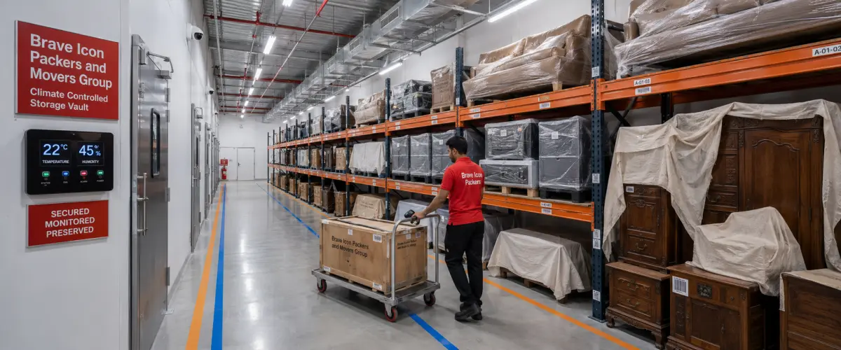 The interior of an advanced climate-controlled storage vault inside a Brave Icon Packers and Movers Group Noida warehouse.