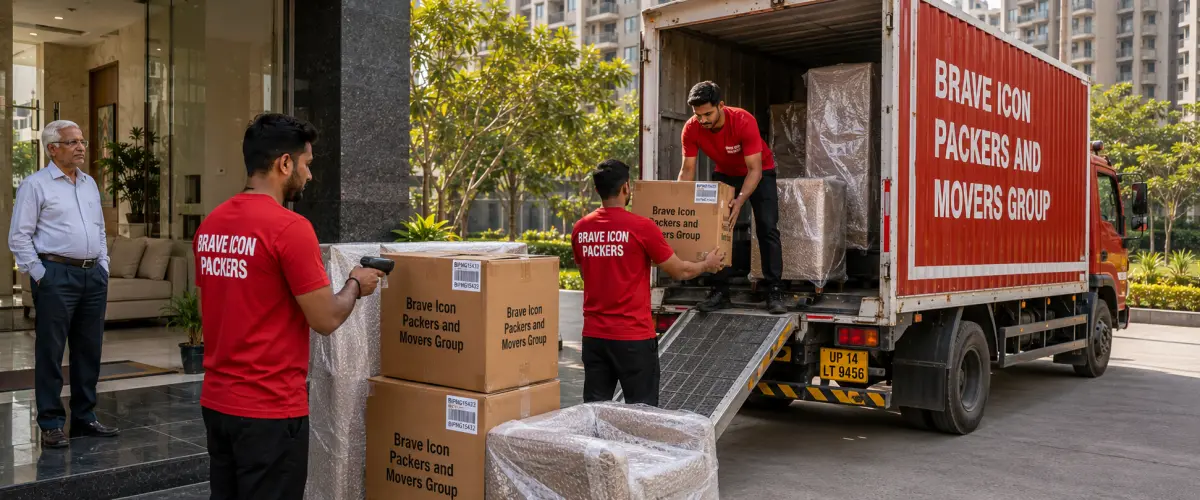 A professional home-to-warehouse collection scene at a Noida apartment building entrance.