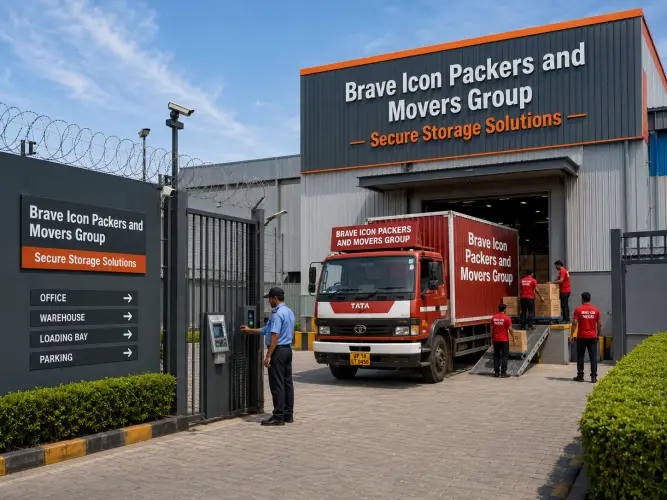 The exterior of a modern Brave Icon Packers and Movers Group warehousing facility in an industrial zone near Noida.